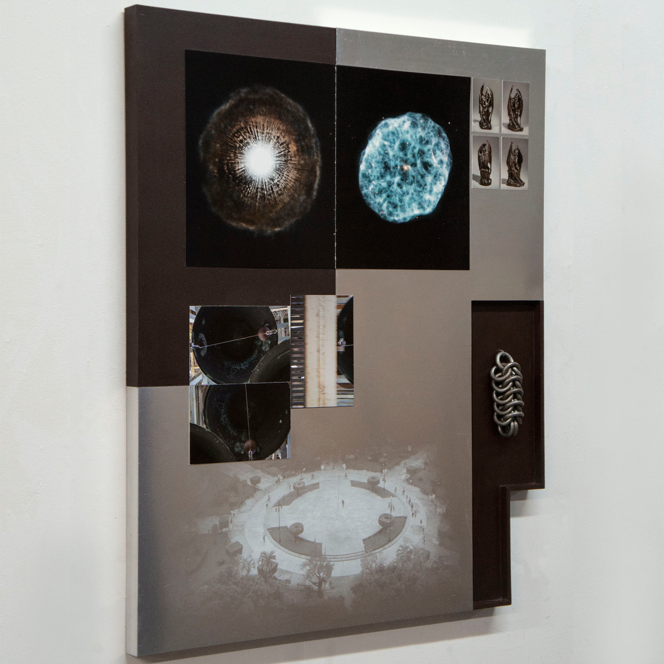 Enrique Garcia, Impact Radius (Needle), 2022. Found photos and chromogenic prints mounted on board, UV print on aluminum and MDF panel, acrylic paint, wax, steel rings.